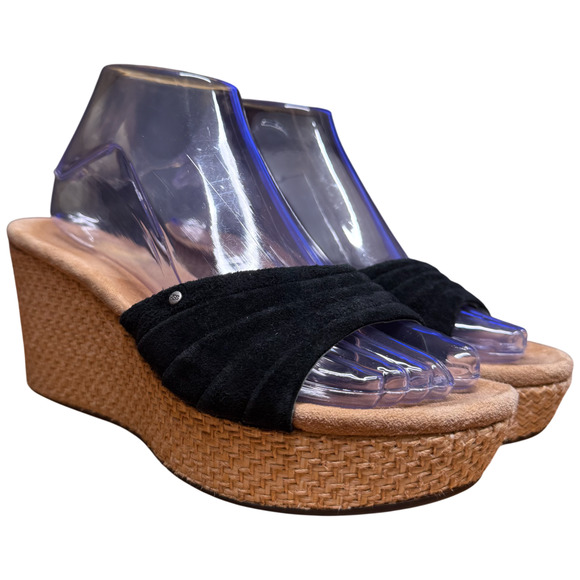 UGG Alvina Women's 7 Black Leather Suede Beige Wedge Heel Slip On Sandal Comfort - Picture 2 of 13